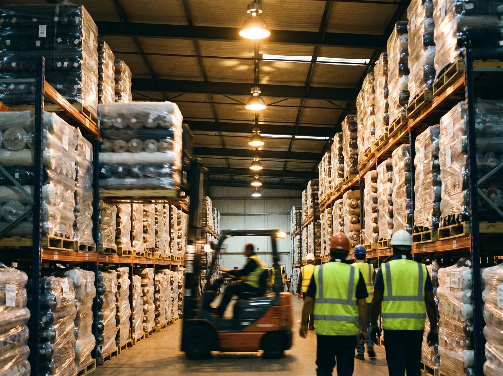 Fabric export warehouse with rolled bolts stacked on pallets ready for shipment