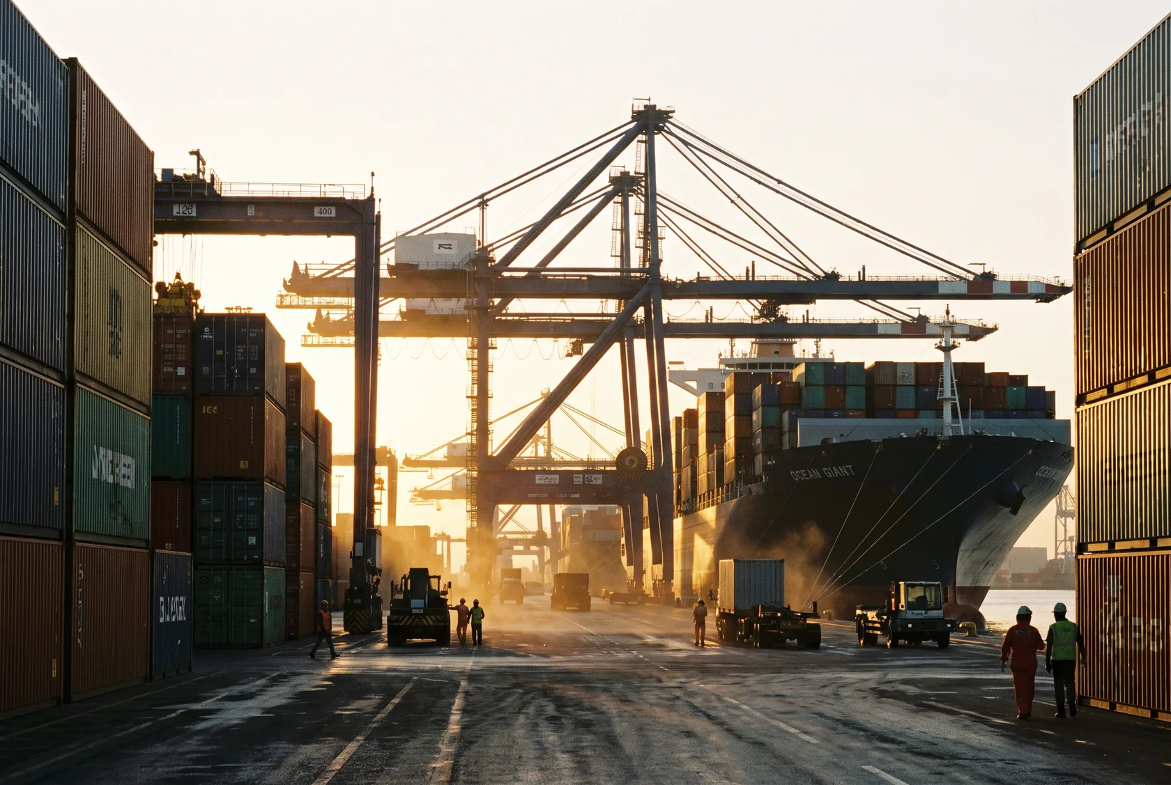 Cargo containers stacked at an export terminal at golden hour
