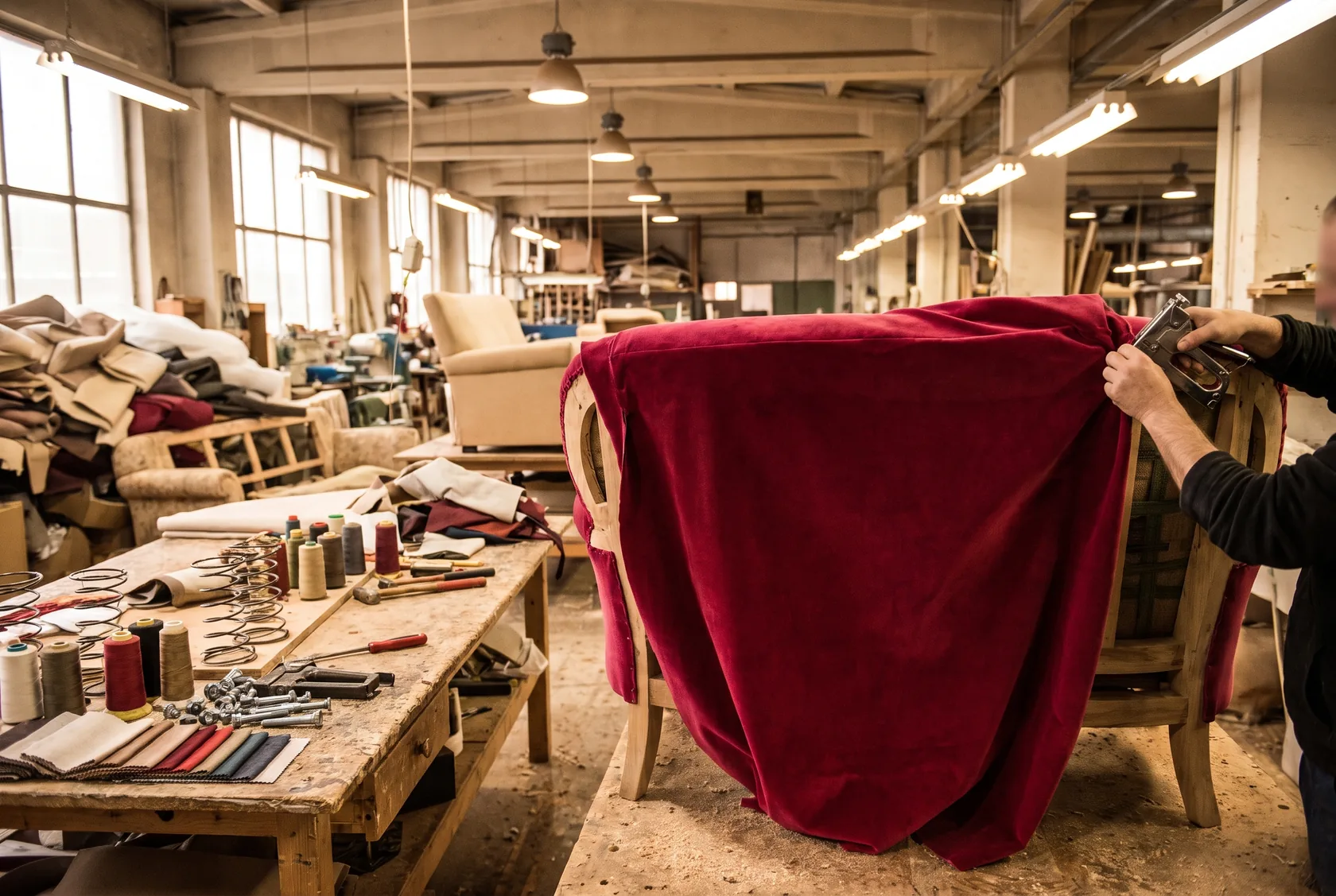 Sofa frame being upholstered in a furniture workshop with hardware components on a nearby workbench