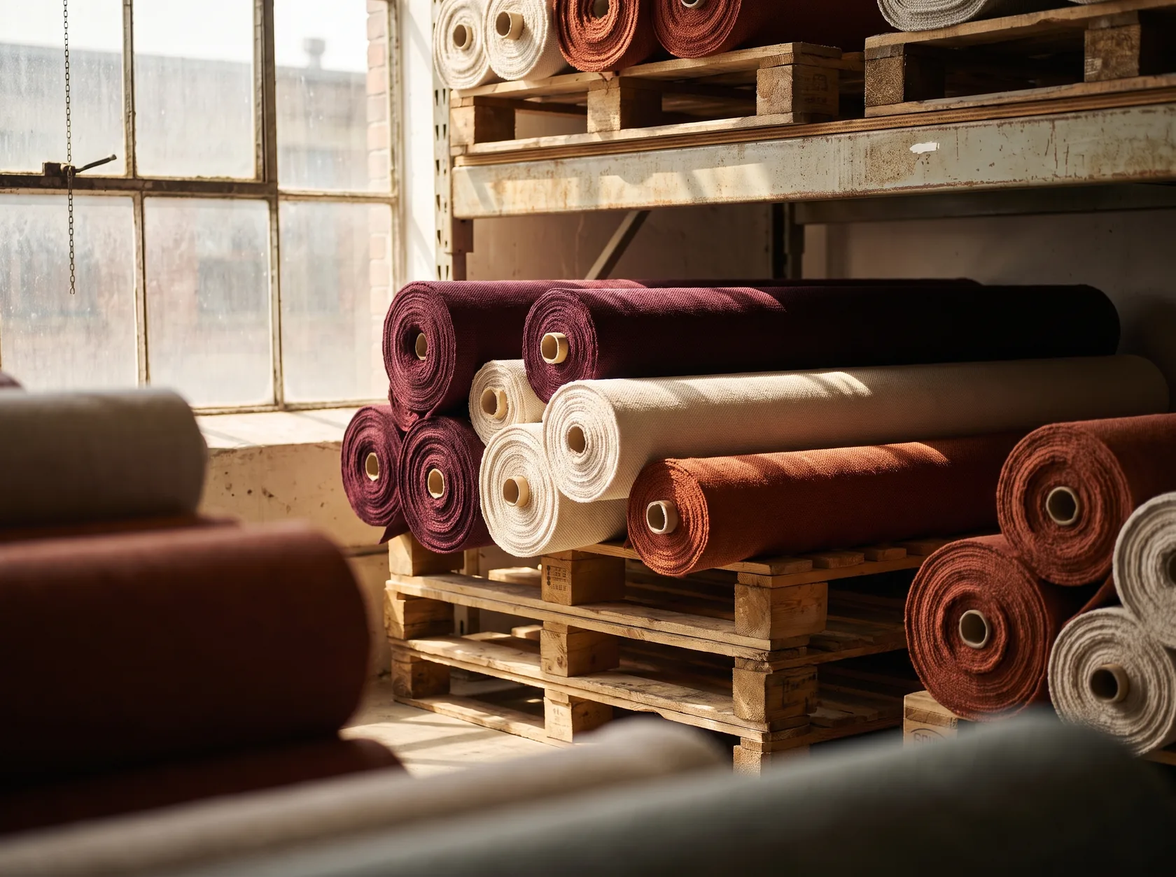 Stacked bolts of upholstery fabric in burgundy, ivory and terracotta tones inside a textile warehouse