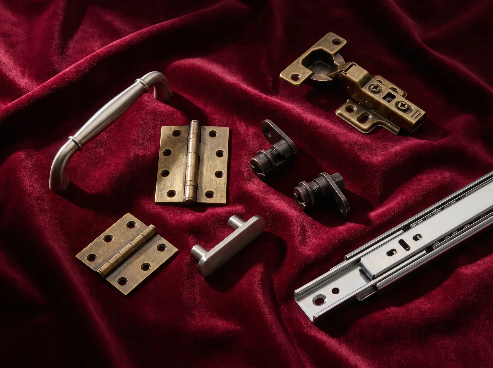 Furniture hardware components including hinges, handles and a drawer slide arranged on a crimson velvet surface