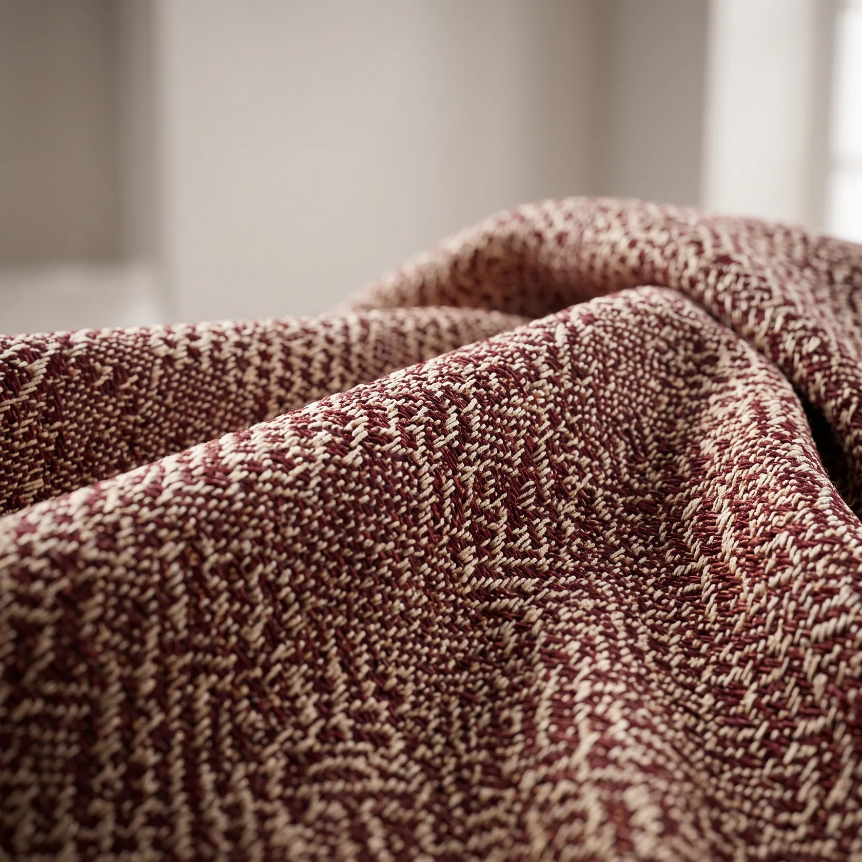 Burgundy and ivory jacquard woven upholstery fabric