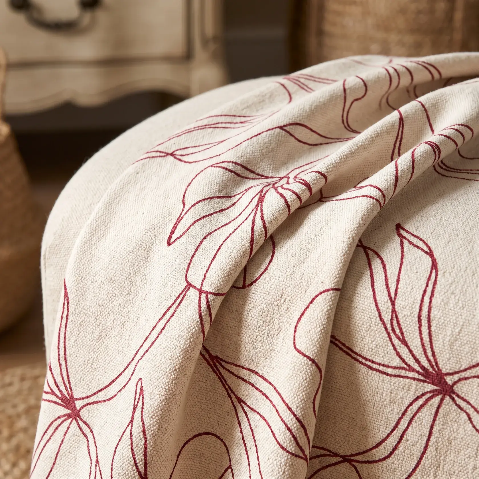 Printed decorative upholstery fabric with a botanical pattern