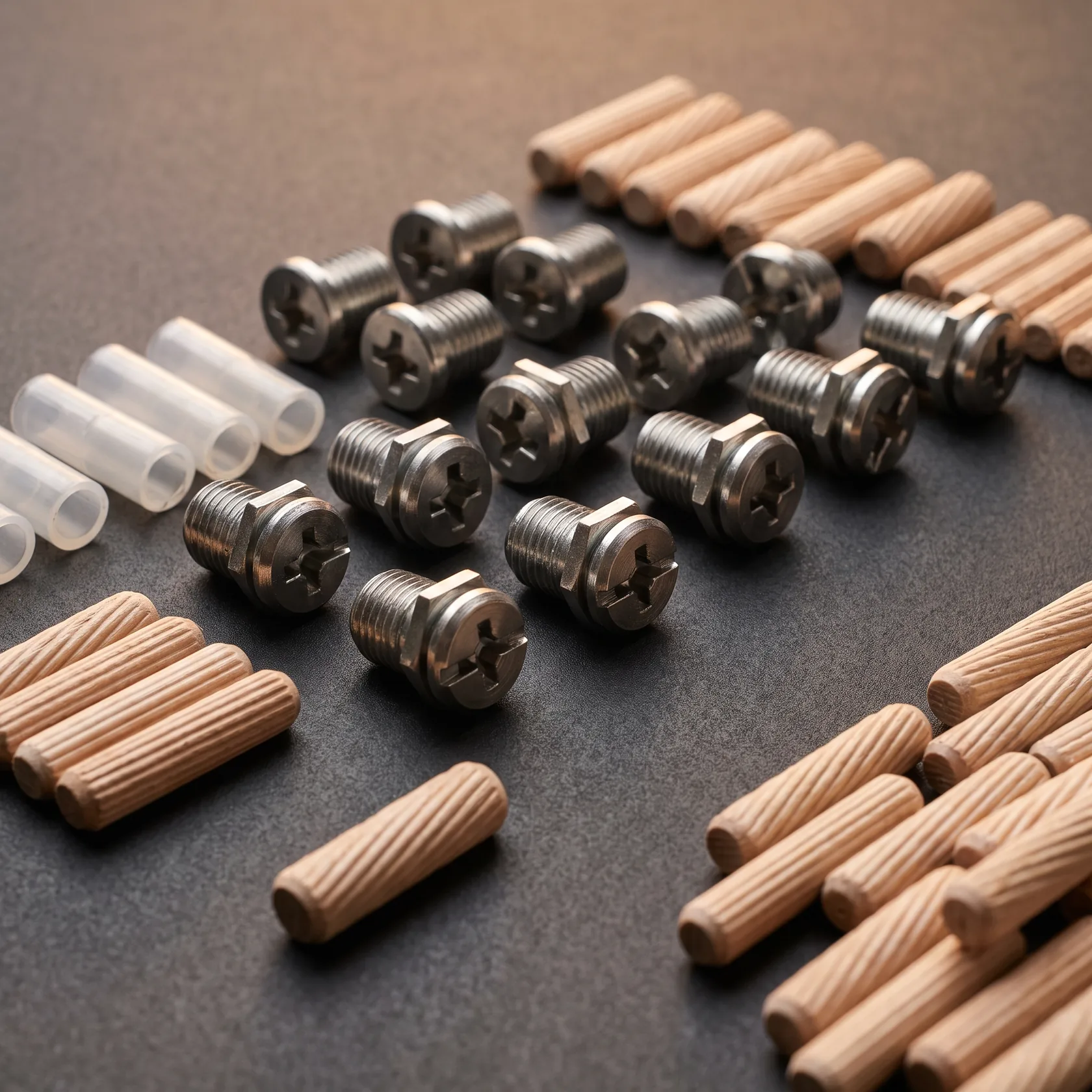 Wooden dowels, minifix connector sleeves and fastening screws for flat-pack furniture