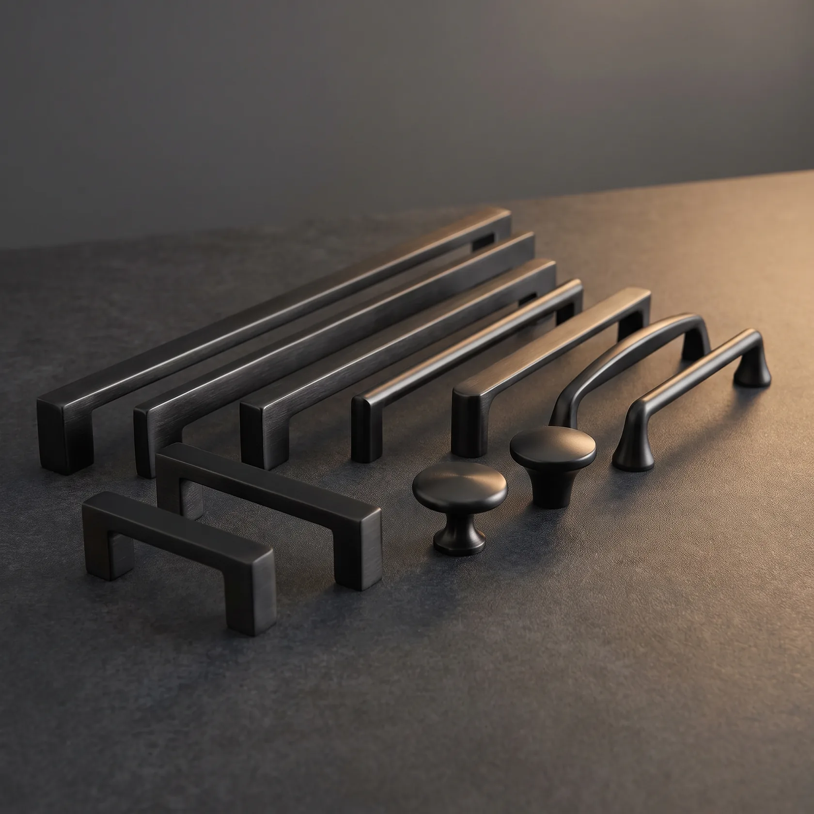 A row of brushed matte-black furniture handles and pulls