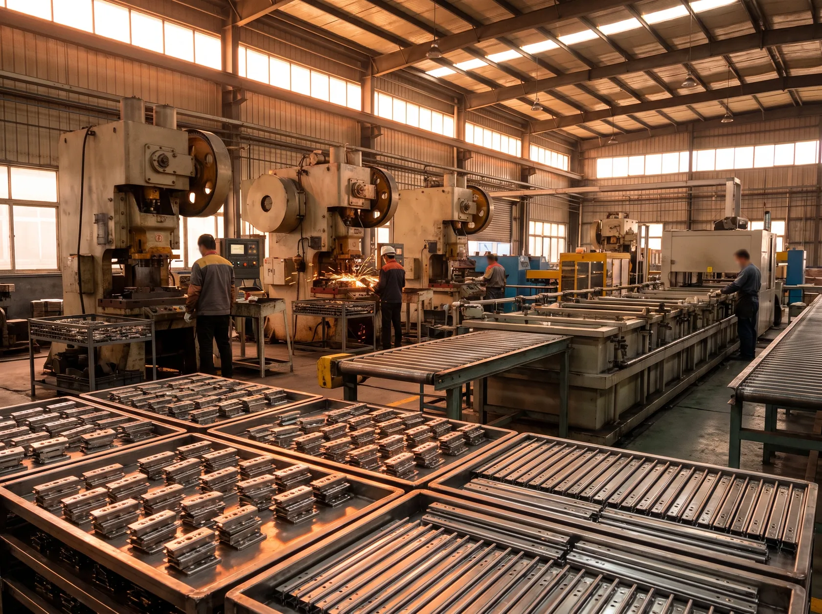 Hardware production floor with stamping presses, welding sparks and trays of finished drawer-slide components