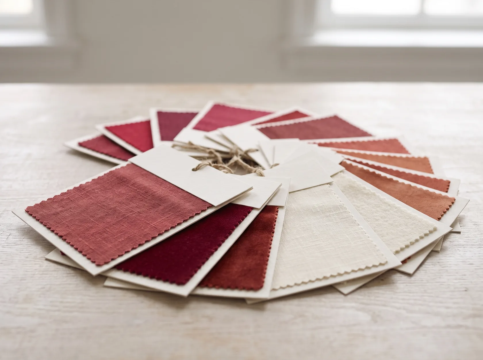 A fanned-out spread of fabric swatch cards in burgundy, crimson and ivory tones